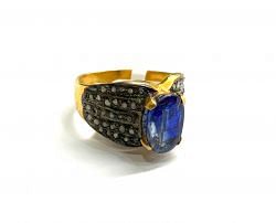 Victorian Jewelry, Silver Diamond Ring With Rose Cut Diamond Kyanite Stone Studded  In 925 Sterling Silver Gold, Black Rhodium Plating. J-1874