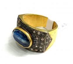 Victorian Jewelry, Silver Diamond Ring With Rose Cut Diamond Kyanite Stone Studded In 925 Sterling Silver Gold, Black Rhodium Plating. J-1875