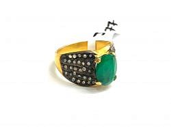 Victorian Jewelry, Silver Diamond Ring With Rose Cut Diamond Emerald Stone Studded  In 925 Sterling Silver Gold, Black Rhodium Plating. J-1877