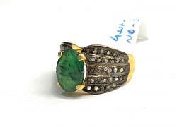 Victorian Jewelry, Silver Diamond Ring With Rose Cut Diamond Emerald Stone Studded  In 925 Sterling Silver Gold, Black Rhodium Plating. J-1878