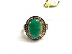 Victorian Jewelry, Silver Diamond Ring With Rose Cut Diamond And Emerald Stone Studded In 925 Sterling Silver Gold, Black Rhodium Plating. J-1900