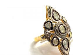 Victorian Jewelry, Silver Diamond Ring With Rose Cut Diamond And Polki Diamond Studded In 925 Sterling Silver Gold, Black Rhodium Plating. J-1911