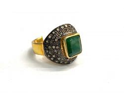 Victorian Jewelry, Silver Diamond Ring With Rose Cut Diamond And Emerald Stone Studded  In 925 Sterling Silver Gold, Black Rhodium Plating. J-1919