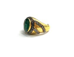 Victorian Jewelry, Silver Diamond Ring With Rose Cut Diamond And Emerald Stone Studded  In 925 Sterling Silver Gold, Black Rhodium Plating. J-1920