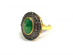 Victorian Jewelry, Silver Diamond Ring With Rose Cut Diamond And Emerald Stone Studded  In 925 Sterling Silver Gold, Black Rhodium Plating. J-1921