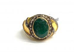 Victorian Jewelry, Silver Diamond Ring With Rose Cut Diamond And Emerald Stone Studded In 925 Sterling Silver Gold, Black Rhodium Plating. J-1922