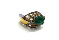 Victorian Jewelry, Silver Diamond Ring With Rose Cut Diamond And Emerald Stone Studded In 925 Sterling Silver Gold, Black Rhodium Plating. J-1923