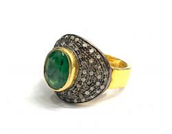 Victorian Jewelry, Silver Diamond Ring With Rose Cut Diamond And Emerald Stone Studded In 925 Sterling Silver Gold, Black Rhodium Plating. J-1927