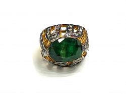 Victorian Jewelry, Silver Diamond Ring With Rose Cut Diamond Emerald Stone Studded  In 925 Sterling Silver Gold, Black Rhodium Plating. J-1929
