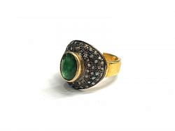 Victorian Jewelry, Silver Diamond Ring With Rose Cut Diamond And Emerald Stone Studded In 925 Sterling Silver Gold, Black Rhodium Plating. J-1930