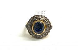 Victorian Jewelry, Silver Diamond Ring With Rose Cut Diamond And Kyanite Stone Studded In 925 Sterling Silver Gold, Black Rhodium Plating. J-1931