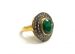 Victorian Jewelry, Silver Diamond Ring With Rose Cut Diamond And Emerald Stone Studded  In 925 Sterling Silver Gold, Black Rhodium Plating. J-1934