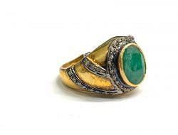 Victorian Jewelry, Silver Diamond Ring With Rose Cut Diamond Emerald Stone Studded In 925 Sterling Silver Gold, Black Rhodium Plating. J-1936