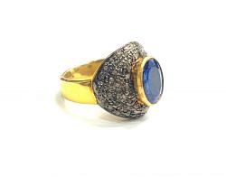 Victorian Jewelry, Silver Diamond Ring With Rose Cut Diamond And Kyanite Stone Studded In 925 Sterling Silver Gold, Black Rhodium Plating. J-1939