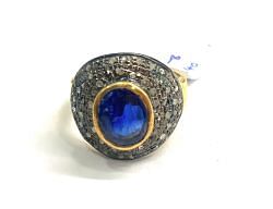 Victorian Jewelry, Silver Diamond Ring With Rose Cut Diamond And Kyanite Stone Studded  In 925 Sterling Silver Gold, Black Rhodium Plating. J-1940