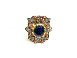 Victorian Jewelry, Silver Diamond Ring With Rose Cut Diamond And Kyanite Stone Studded  In 925 Sterling Silver Gold, Black Rhodium Plating. J-1945