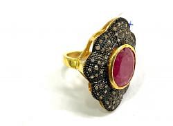 Victorian Jewelry, Silver Diamond Ring With Rose Cut Diamond And Ruby Stone Studded  In 925 Sterling Silver Gold, Black Rhodium Plating. J-1947