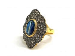 Victorian Jewelry, Silver Diamond Ring With Rose Cut Diamond And Kyanite Stone Studded  In 925 Sterling Silver Gold, Black Rhodium Plating. J-1953