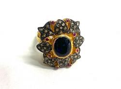 Victorian Jewelry, Silver Diamond Ring With Rose Cut Damond, Polki Diamond And Kyanite Stone Studded  In 925 Sterling Silver Gold, Black Rhodium Plating. J-1955