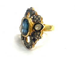 Victorian Jewelry, Silver Diamond Ring With Rose Cut Diamond And Polki Diamond And Kyanite Stone Studded  In 925 Sterling Silver Gold, Black Rhodium Plating. J-1956
