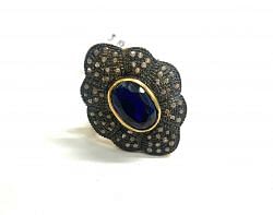 Victorian Jewelry, Silver Diamond Ring With Rose Cut Diamond And Kyanite Stone Studded In 925 Sterling Silver Gold, Black Rhodium Plating. J-1958