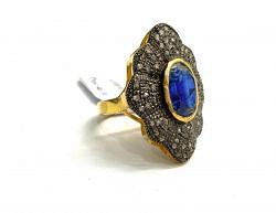 Victorian Jewelry, Silver Diamond Ring With Rose Cut Diamond And Kyanite Stone Studded  In 925 Sterling Silver Gold, Black Rhodium Plating. J-1959