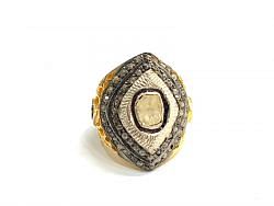 Victorian Jewelry, Silver Diamond Ring With Rose Cut Diamond And Polki Diamond Studded In 925 Sterling Silver Gold, Black Rhodium Plating. J-1960
