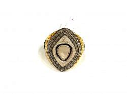 Victorian Jewelry, Silver Diamond Ring With Rose Cut Diamond And Polki Diamond Studded  In 925 Sterling Silver Gold, Black Rhodium Plating. J-1967