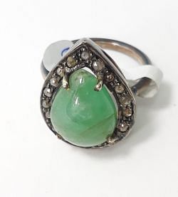 Victorian Style 925 Sterling Silver Ring With Natural Diamond And Green Onyx Stone Studded In Black Rhodium. J-1976
