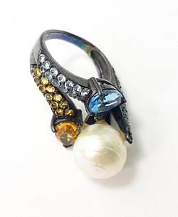Victorian Style 925 Sterling Silver Diamond Ring  And With Natural Pearl, Blue Topaz, Citrine Stone Studded In Black Rhodium. J-1977