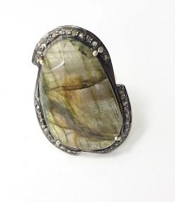 Victorian Jewelry, Silver Diamond Ring With Natural Labradorite Stone Studded  In 925 Sterling Silver Gold, Black Rhodium. J-1978