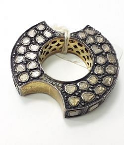 Victorian Jewellery, Silver Diamond Ring With Polki Diamond Studded In 925 Sterling Silver Gold, Black Rhodium Plating. J-1984 A