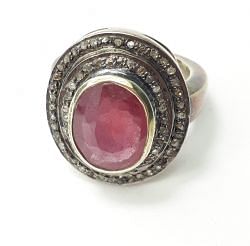 Victorian Style, 925 Sterling Silver Diamond Ring With Natural Ruby Stone Studded In Gold And Black Rhodium. J-1988