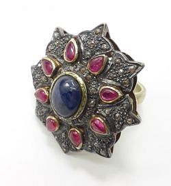 Victorian Style, 925 Sterling Silver Diamond Ring With Natural Ruby, Kyanite Stone Studded In Gold And Black Rhodium. J-1992