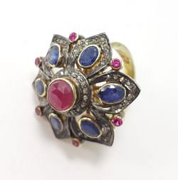  Victorian Style 925 Sterling Silver Ring With Natural Diamond And Ruby, sapphire  Stone Studded In Gold, Black Rhodium. J-1999