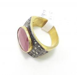 Victorian Style 925 Sterling Silver Ring With Natural Diamond And  Ruby Stone Studded In Gold Plating. J-2000
