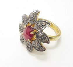 Victorian Style 925 Sterling Silver Ring With Natural Diamond And Ruby Stone Studded In Gold, Black Rhodium. J-2014