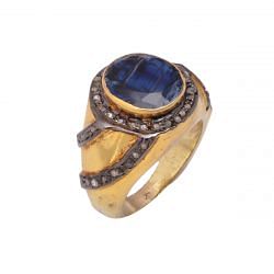 Victorian Jewelry, Silver Diamond Ring With Rose Cut Diamond And Kyanite Stone Studded In 925 Sterling Silver Gold, Black Rhodium Plating. J-2018