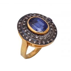 Victorian Jewelry, Silver Diamond Ring With Rose Cut Diamond And Kyanite Stone Studded In 925 Sterling Silver Gold, Black Rhodium Plating. J-2019