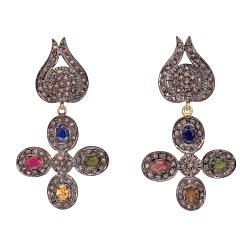 925 Sterling Silver Diamond Earring Studded With  Natural Diamonds And Multi Sapphire Stone    - J-2033