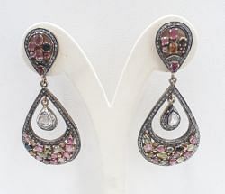  925 Sterling Silver Diamond Earring With Natural Multi sapphire Stone   - J-2046