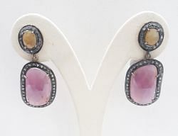  925 Sterling Silver Diamond Earring Studded With Natural Multi Sapphire  Stone    - J-2047