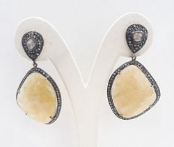  925 Sterling Silver Diamond Earring - Polki Diamond, And Natural Sapphire Stone  - J-2057