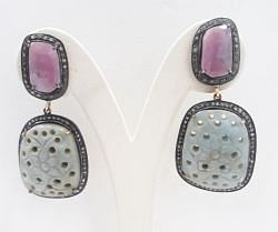  925 Sterling Silver Diamond Earring With Natural  Multi sapphire Stone   - J-2059