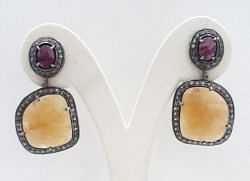  925 Sterling Silver Diamond Earring - Natural Multi sapphire Stone   - J-2060