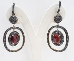  925 Sterling Silver Diamond Earring Studded  With Natural Ruby  Stone  - J-2068