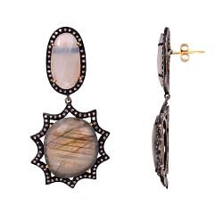  925 Sterling Silver Diamond Earring in Natural Labradorite And Moonstone Stone  - J-2075