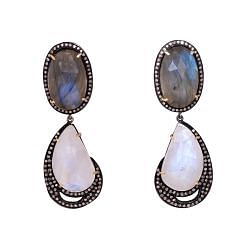  925 Sterling Silver Diamond Earring With Natural Labradorite And Rainbow Moonstone Stone   - J-2084
