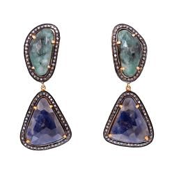  925 Sterling Silver Diamond Earring Studded With Natural Emerald, Blue sapphire Stone  -J-2088