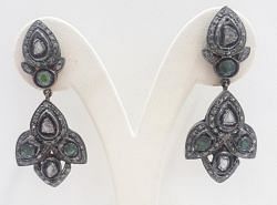  925 Sterling Silver Diamond Earring In Polki Diamond, And Natural Emerald Stone -  J-2098